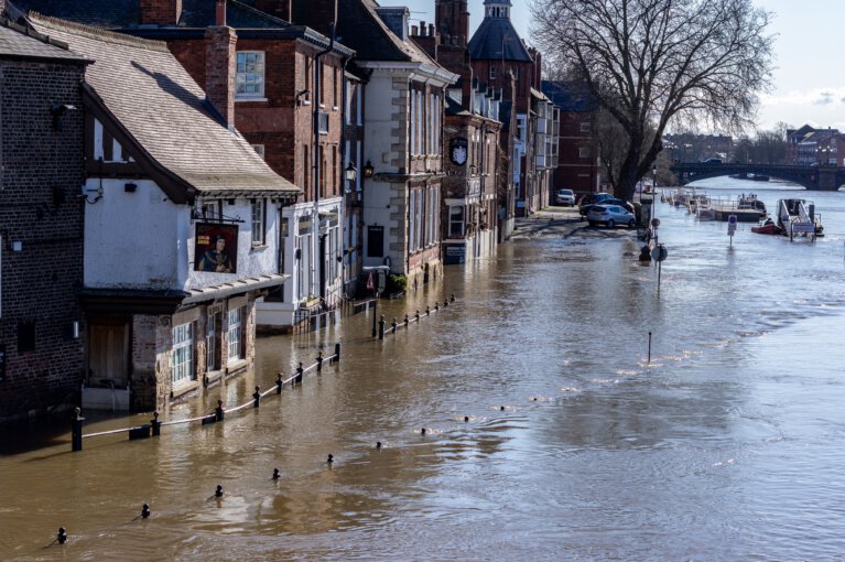 Buildings surrounded by floodwater