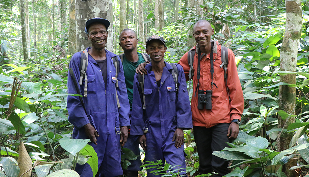 Members of Mbou Mon Tour are stood together in the forest.