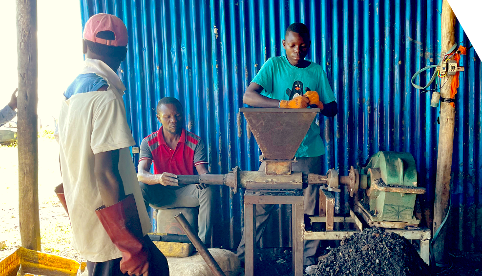 Refugees from Live in Green are making sustainable fuel to burn from waste produce.
