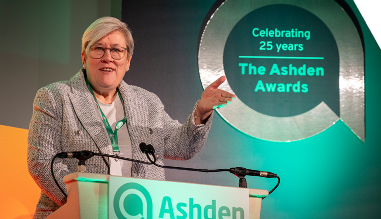 Rachel Kyte, UK Climate Envoy, gives a speak on the 2025 Ashden Awards stage.
